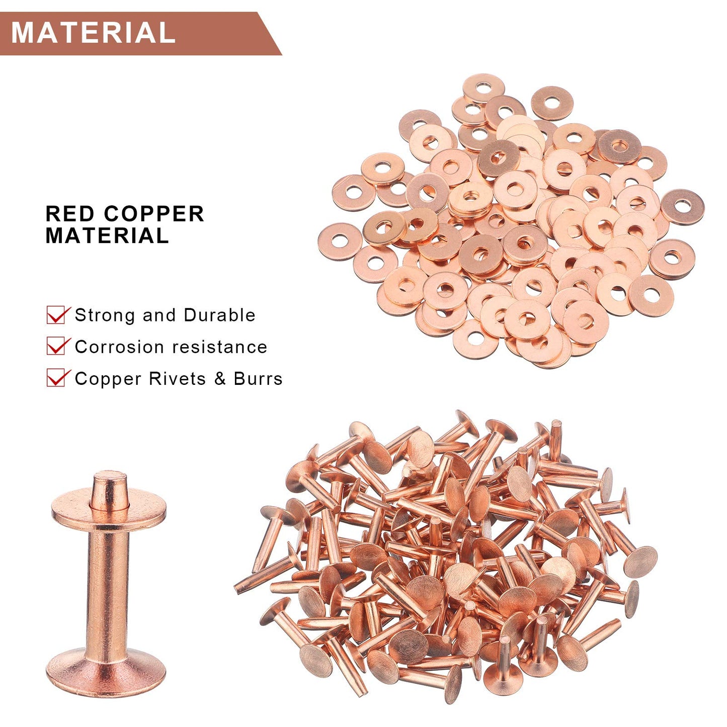 Ripeng 400 Pcs Size 9 3/4 Inch Copper Rivets and Burrs Washers Leather Fastener Kit for DIY Craft Belts Wallets Collars Handbags Shoes Leather Working Supplies