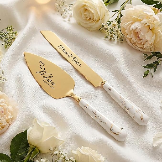 Custom Wedding Cake Knife and Server Set Gold - Personalized Engraved Stainless Steel Cake Pie Pastry Servers Cutting Set with Marble Pattern, Elegant Gift for Wedding Anniversary Birthday Christmas