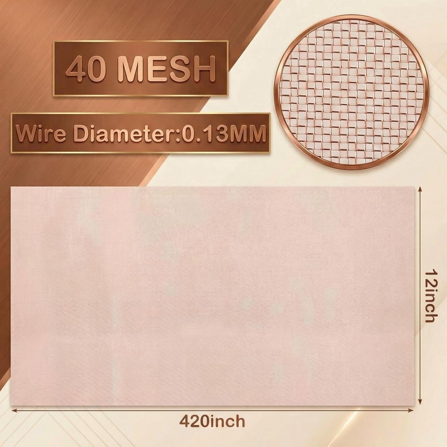 Therwen 12 Inch x 35 ft Copper Mesh Screen 99.9% Pure Copper 40 Mesh Roll Wire Fabric for Grounding Dense Filter Screen Woven Crafts Window Protection