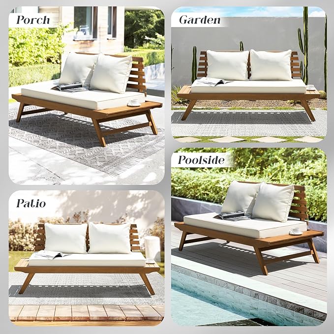 IDZO Lucille 800lbs Capacity Acacia Patio Loveseat, FSC Certified 2 Seater Outdoor Sofa with 3.9in Thick Cushions, Teak Finish Porch Couch for Garden Backyard, Beige