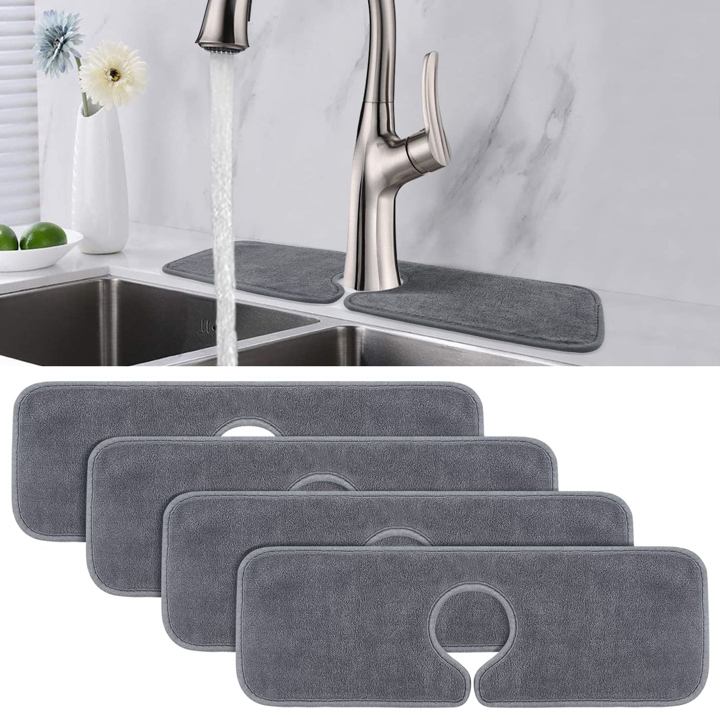 PoYang 4 Pack Faucet Mat for Kitchen Sink Splash Guard Short: Super Absorbent Microfiber Sink Water Splash Guard Behind Kitchen Faucet Mat for Bathroom, RV Protector, Machine Washable 17.7'' x 4.7''