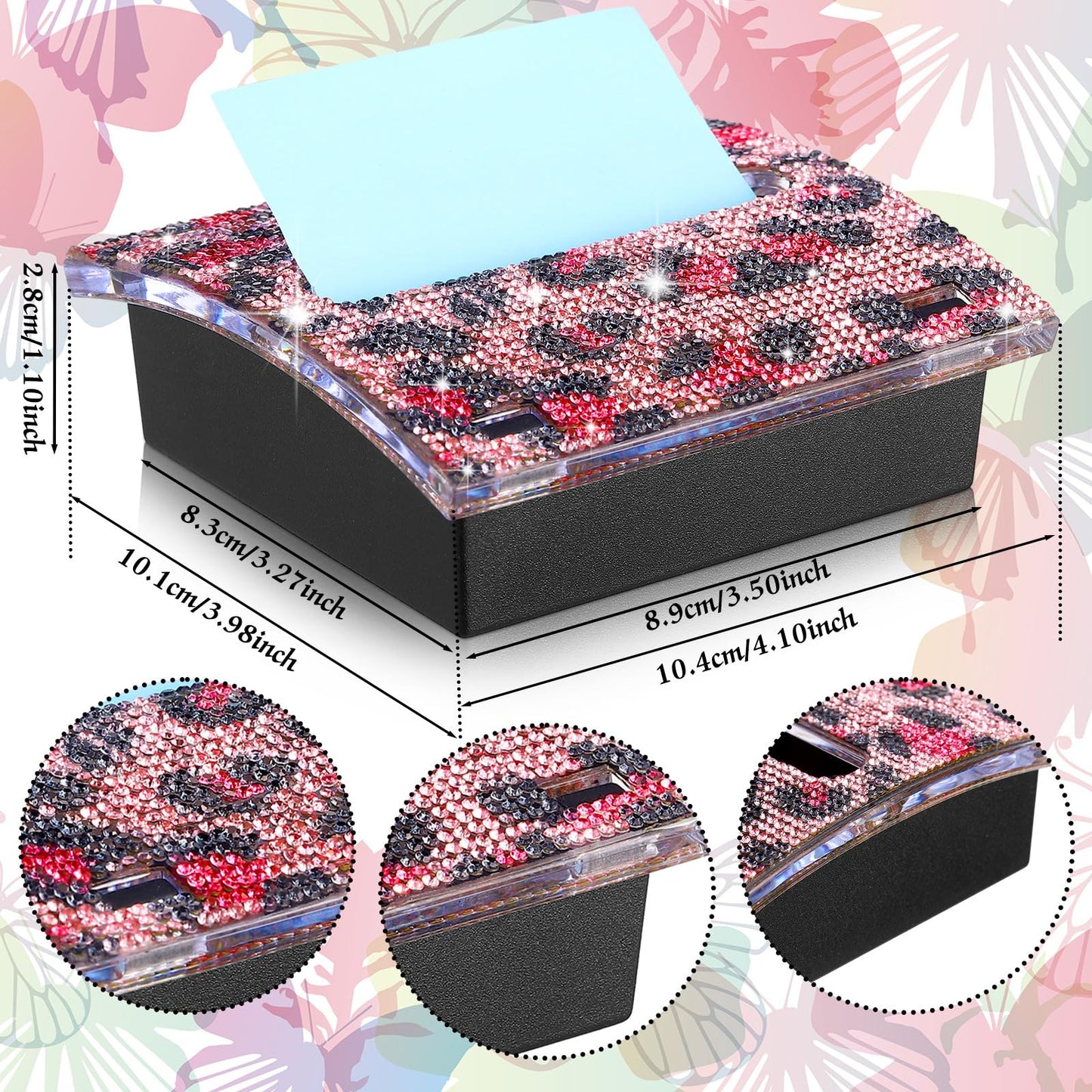 Barydat Rhinestone Self Stick Note Dispenser 4 x 4 Inches Pop up Note Pad Holders with Leopard Print Top Sticky Memo Holder for Office Home Classroom Desk Supplies