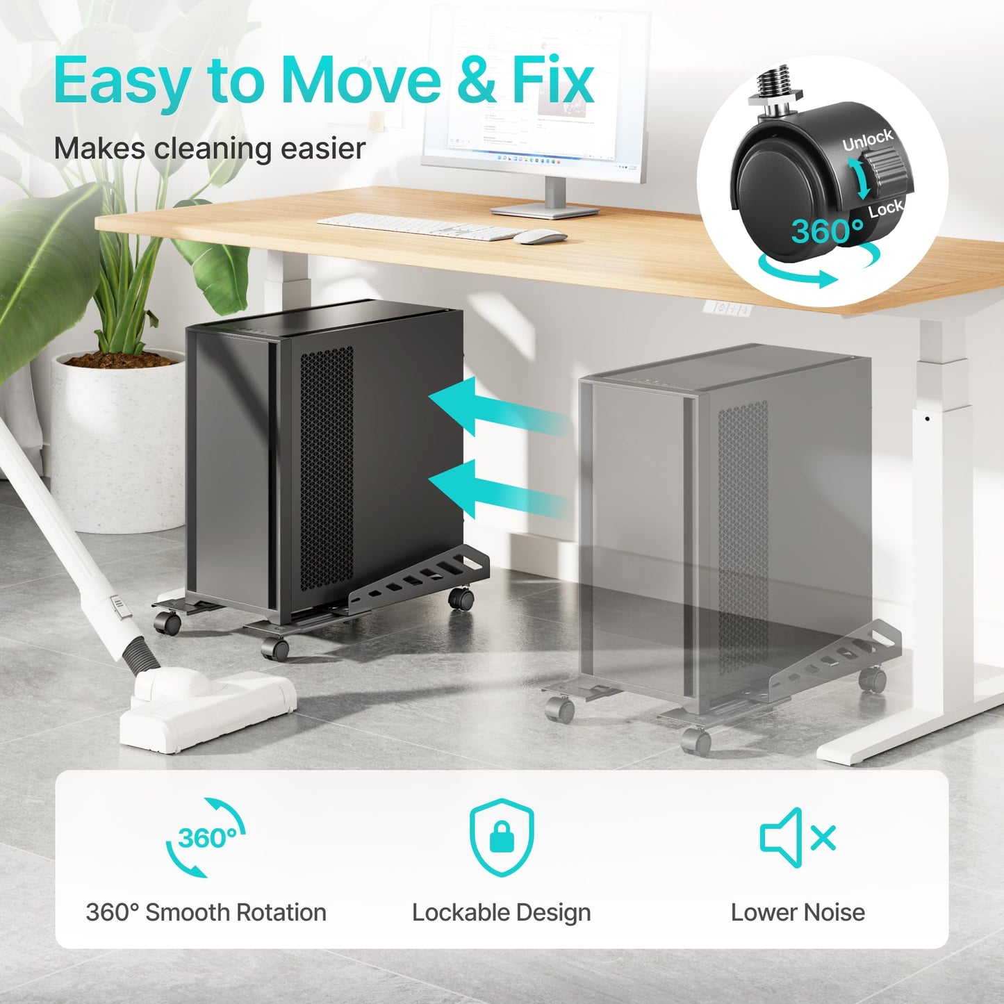 PEGZONE Adjustable PC Stand for Floor(400-510mm D, 160-300mm W), PC Tower Stand with 4 Caster Wheels, Ventilated Under Desk CPU Cart Holder for Office, Gamers, Black
