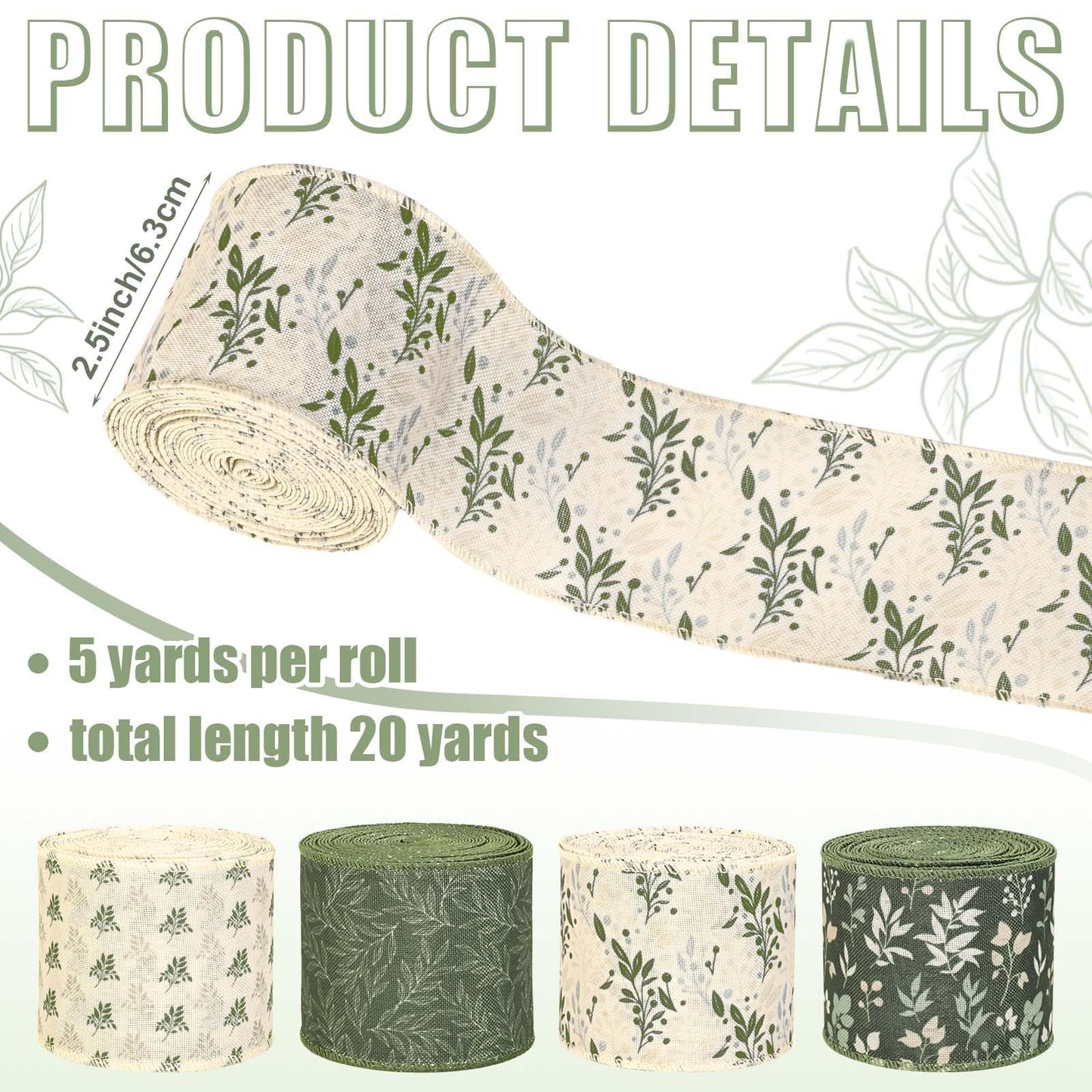 4 Rolls 20 Yards Sage Green Wired Edge Ribbon 2.5 Inch Spring Botanical Floral Buralp Ribbon Greenery Flower Fabric Ribbon for Gift Wrapping DIY Bow Wreath Making Spring Holidays Party Decorations