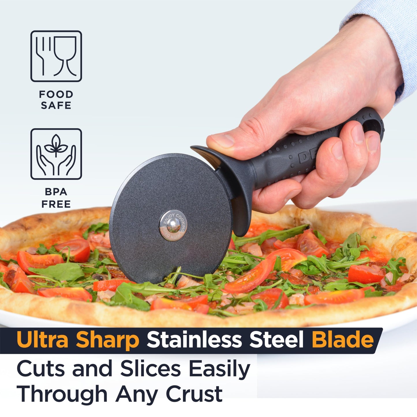 Deiss Lux Heavy Duty Pizza Cutter With Wheel Slicer- Stainless Steel Sharp Smooth Pizza Cutter Wheel With Easy Grip Non-Slip Handle, Dishwasher Safe (BLACK)