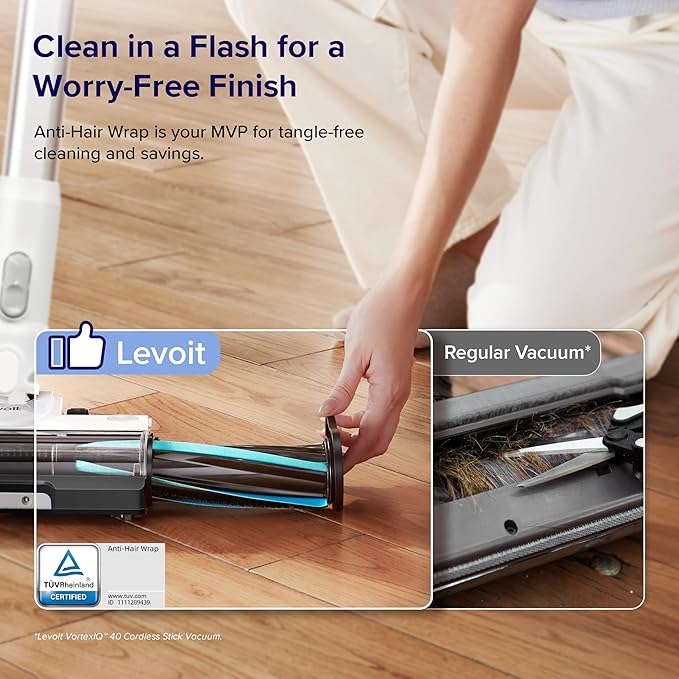 LEVOIT Cordless Vacuum Cleaner, Stick Vac with Tangle-Resistant Design, Up to 50 Minutes, Powerful Suction, Rechargeable, Lightweight, and Versatile for Carpet, Hard Floor, Pet Hair, White＆Blue