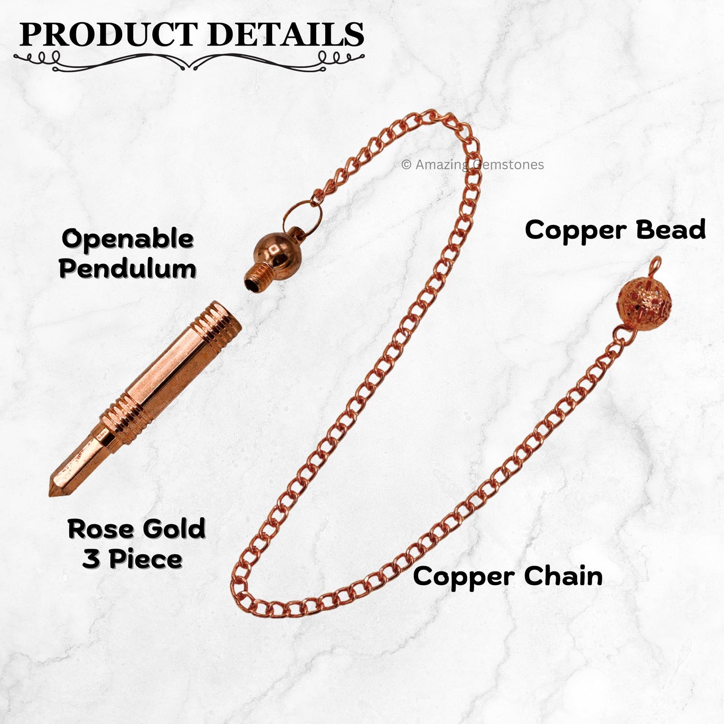 Healing Metal Pendulums for Divination, Rose Gold 3 Piece Steel Copper Pendulum High Energy Pendulo de Bronce Pendulos de Mesa MP14