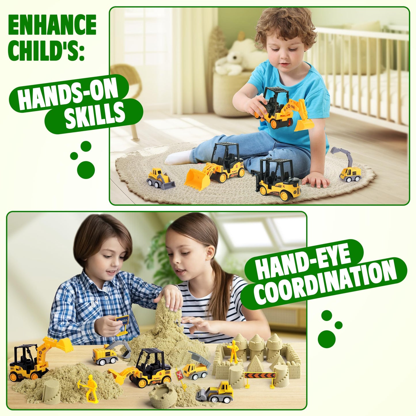 Billeeit Sand Construction Kit with Big Foldable Sandbox and 2.2lbs Moldable Sensory Play Sand, Truck Toys Including Castle Molds and Other Accessories - 36Psc Set Gifts for Kids 3+