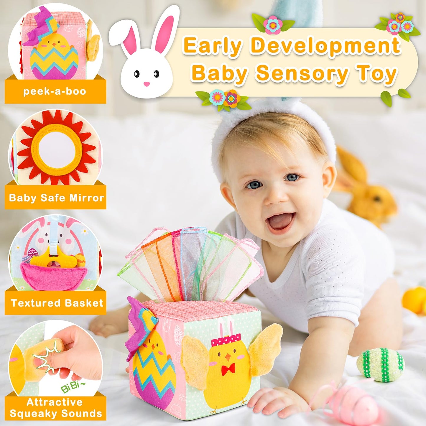 Melonegg Easter Baby Toys Montessori Toys Baby Tissue Box Toy for Babies 3 6 9 Months, Easter Gifts, Easter Basket Stuffers for Babies