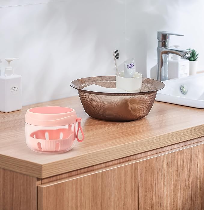 Denture Case, Leak Proof Denture Bath Cup for Travel, Pink Denture Container Cups for Soaking Full & Partial Dentures, Retainers, Mouth Guard with Denture Cleaner Brush, Aligner Removal Tool