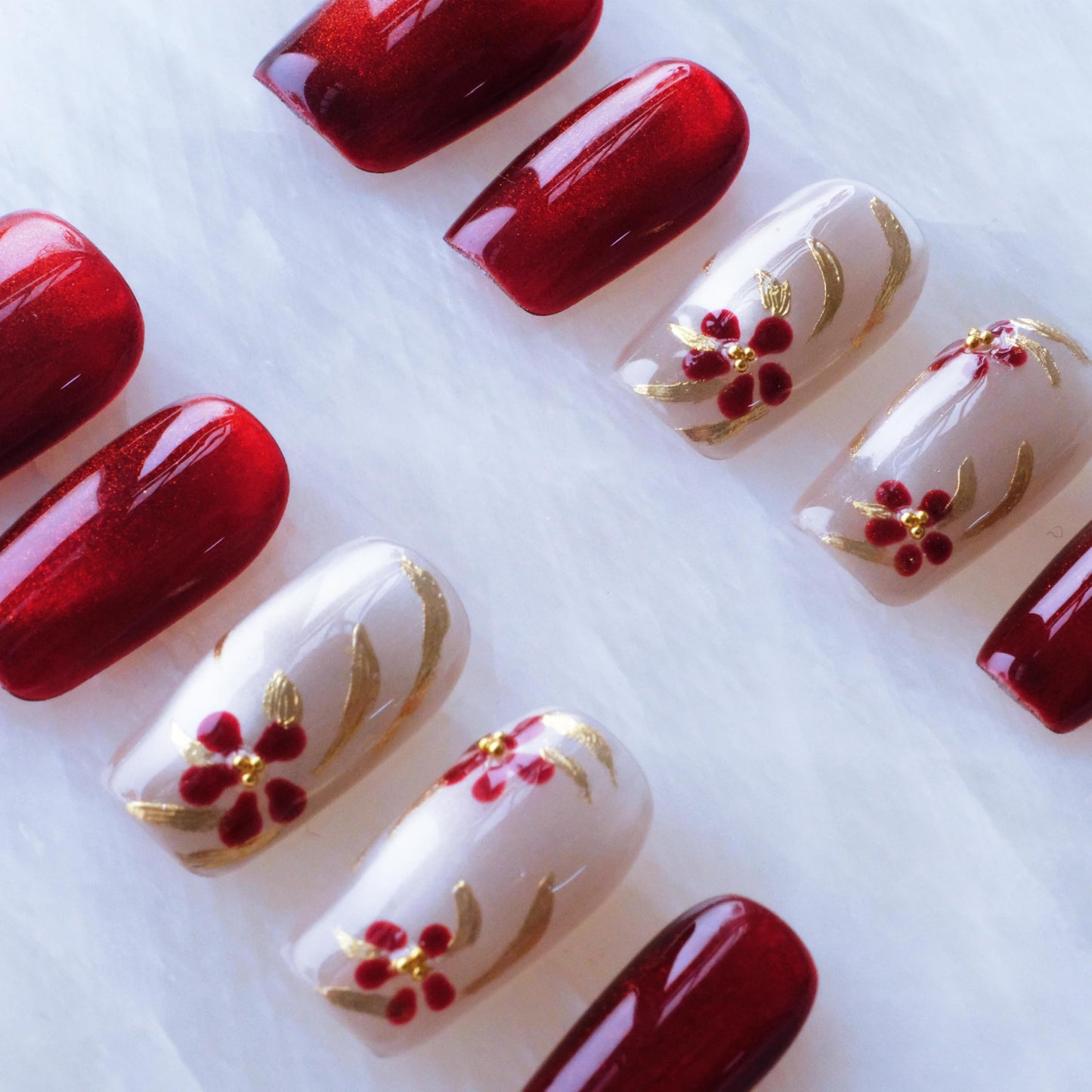 GLORS Press on Nails, Red Plum Embroidery Cat Eye False Nails with Gold Floral Design, medium ballerina Shape, 10 Pieces (Small, MB)