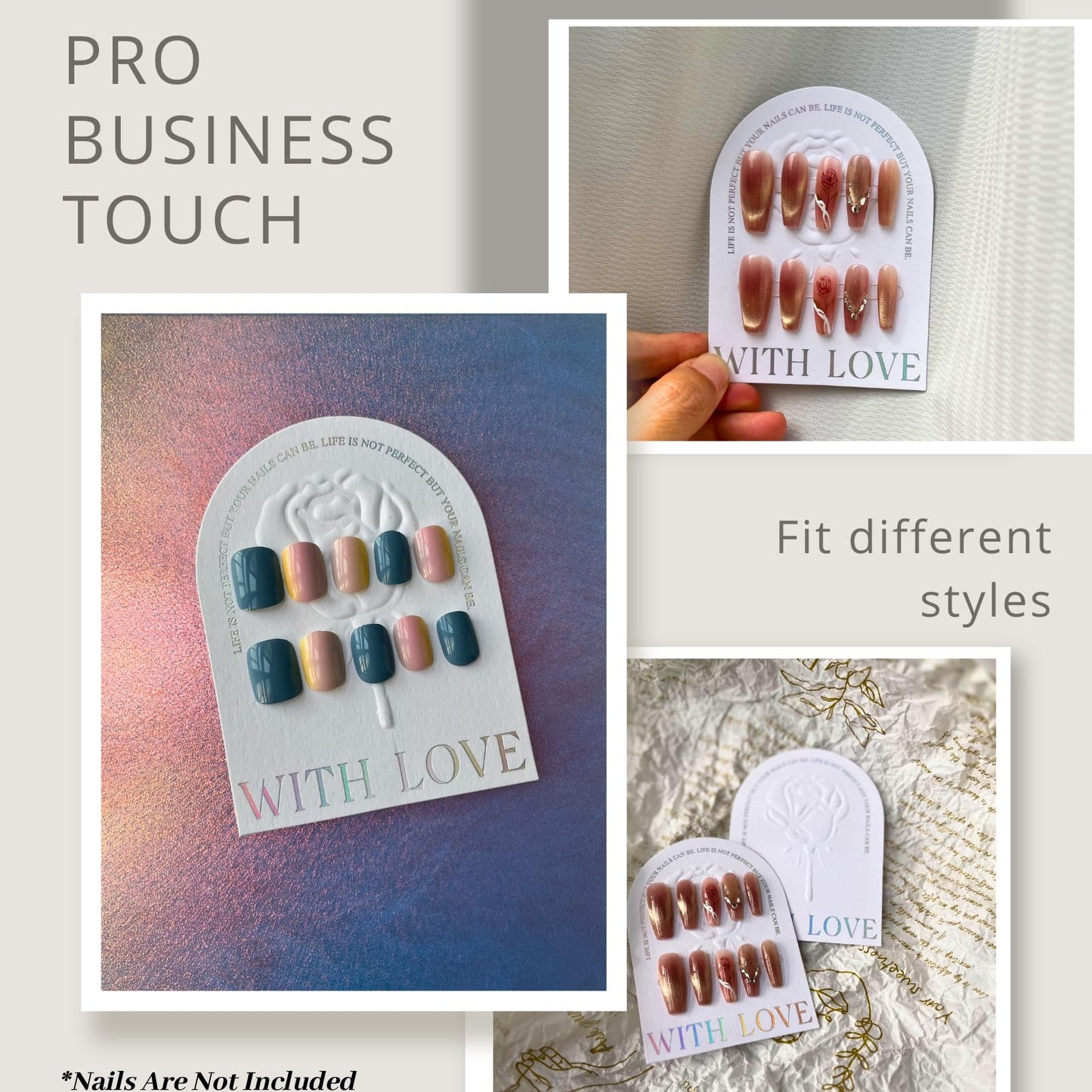 Press On Nails Packaging Kit Holographic Display Cards Storage Bag Nail Tech Must Haves Nail Artist Supply Essentials For Technicians Salon Studio Manicure Business (White, 3 * 4 in) 50 Set