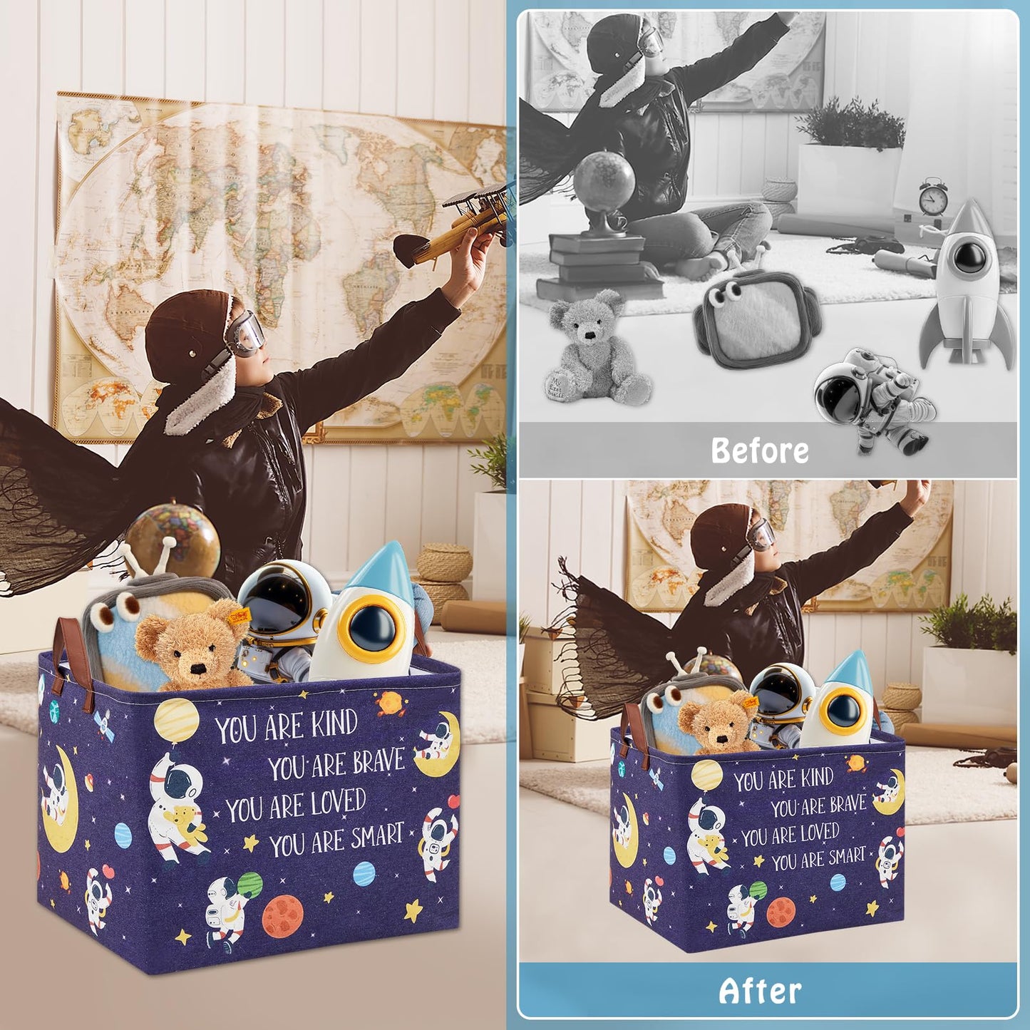 XHWZOF Space Room Decor Kid Storage Box,Boys Astronaut Planets Stars Organizer Toy Box Bin, Galaxy Spaceman Outer Space Blue Laundry Hamper for Baby Bedroom Classroom Nursery