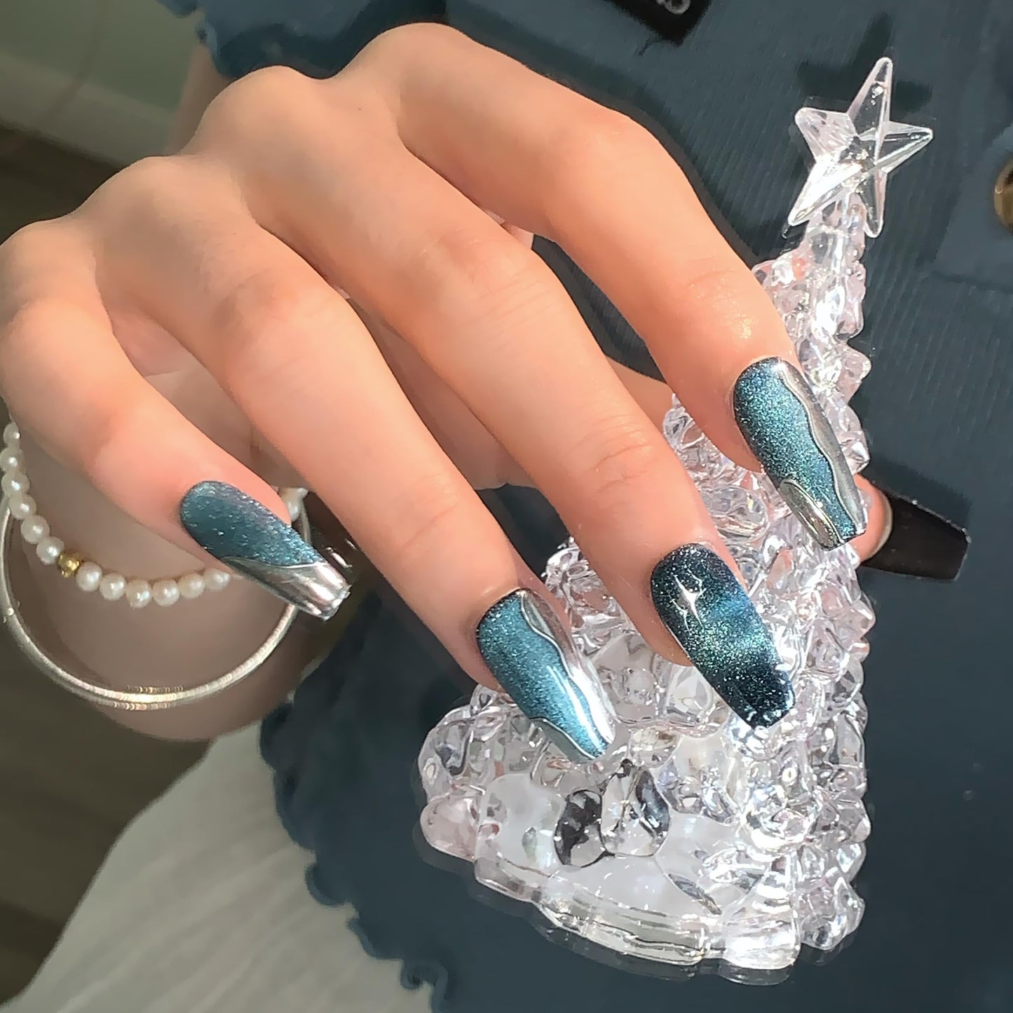 LIFOOST Nails Handmade Press On Medium Coffin Silver Blue Magnetic Cat Eye Fake Nail Luxury Star River False Nail Tips,10 Pcs Size Small