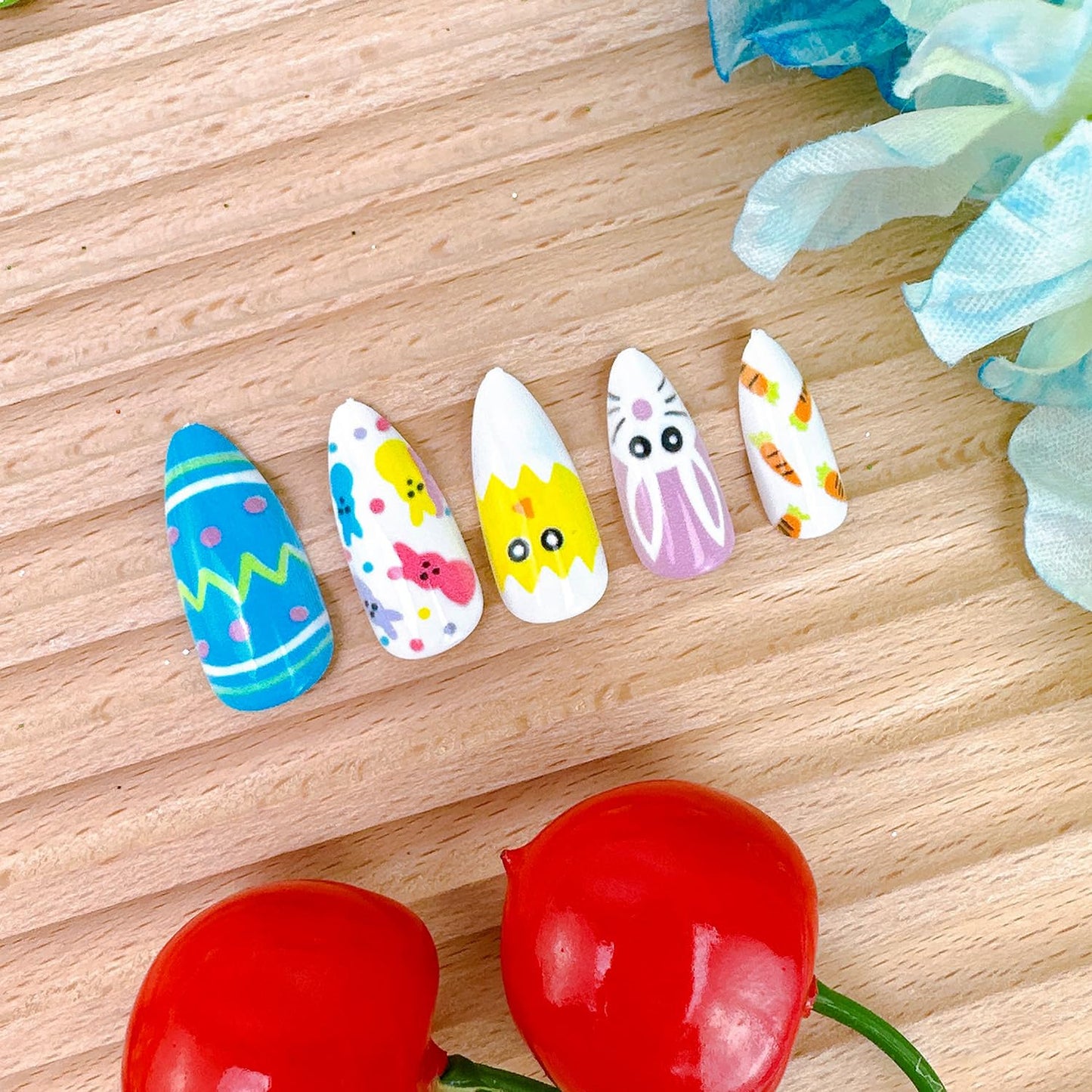 24Pcs Easter Press on Nails Medium Almond Fake Nails with Designs Cute Chick Carrot Bunny False Nails Easter Egg Acrylic Nail Cartoon Rabbit Full Cover Glue on Nails for Women Holiday Nail Decor
