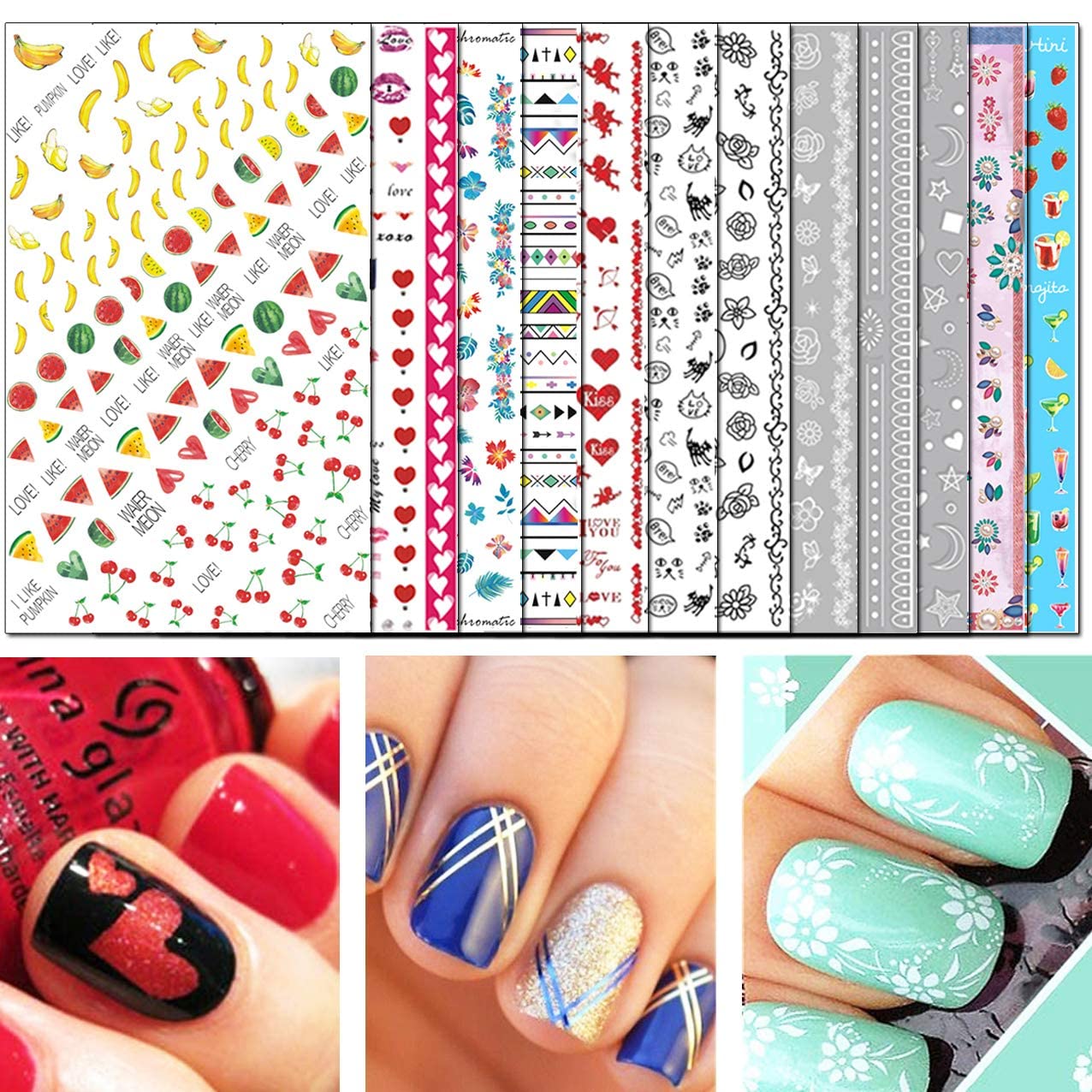 TailaiMei Nail Decals Stickers, 1600+ Pcs Self-Adhesive Tips DIY Nail Art Design Stencil (12 Large Sheets)