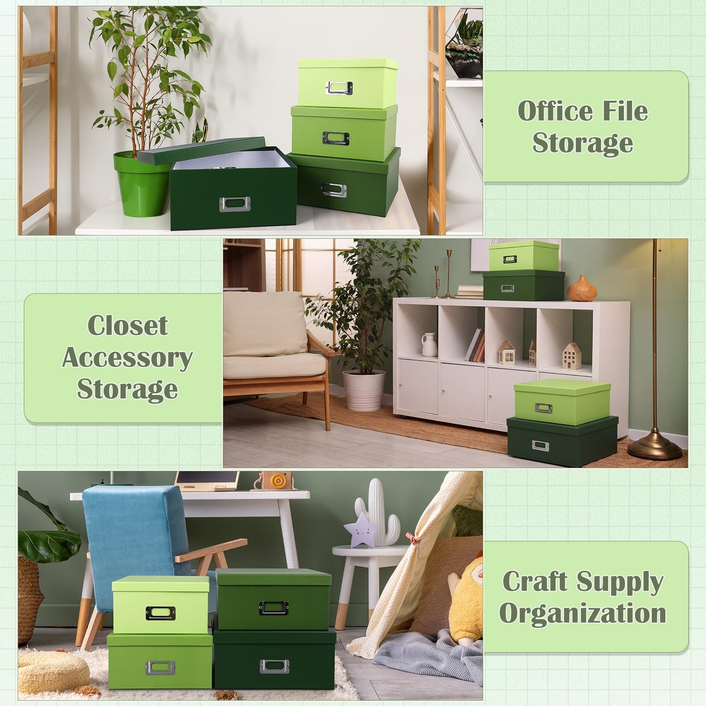 YooNotee 4 Pcs Decorative Storage Boxes with Lids, Stackable Paper Storage Boxes with Label Holders, Photo Memory Keepsakes Gift Boxs for Home Office Closet File Organizer(Green Gradient)