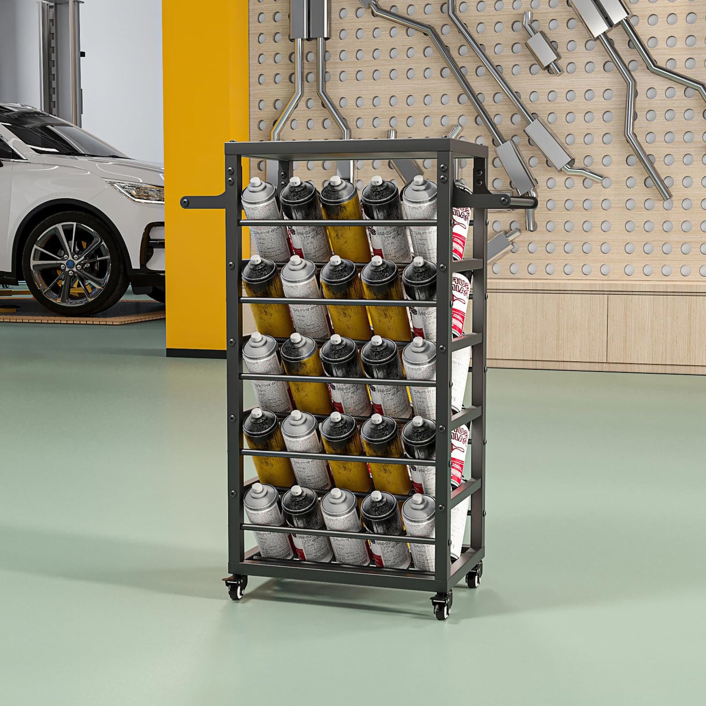 FOREVEROU 50 Can Spray Paint Rack Organizer, Large Capacity Rolling Spray Paint Storage Cart, Metal Aerosol Can Holder for Garage, Auto Shop, Craft Room & Home Mobile Organization
