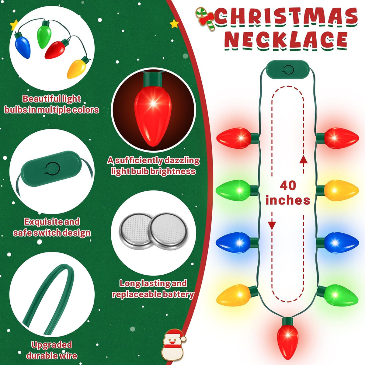QZYL 20pcs Christmas Light Up Necklace, Christmas Necklace, Colorful 9 LED Bulbs Wearable Xmas Lights with 3 Flash Modes, Suitable for Xmas New Year Party Favor Accessories Supplies