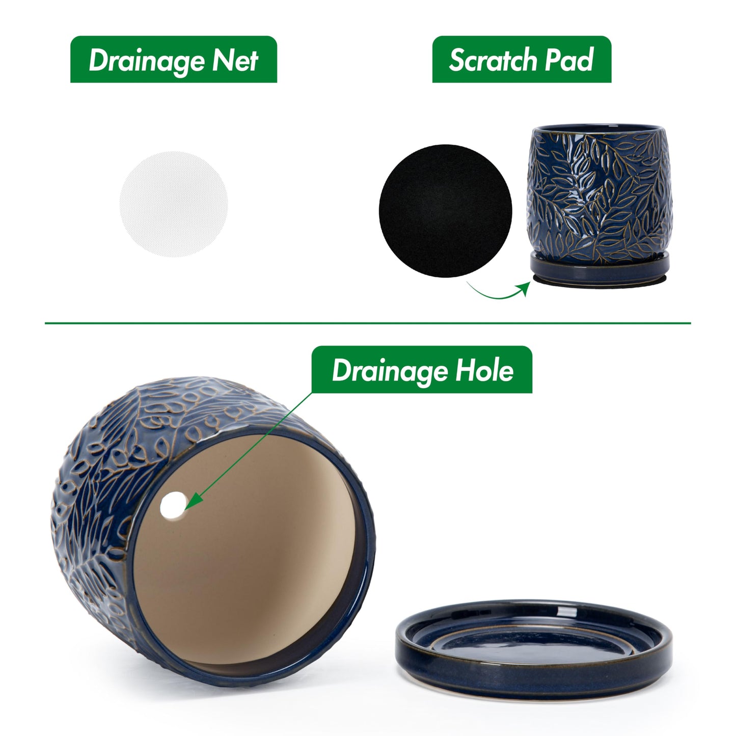 D'vine Dev 4 Inch Embossed Leaves Stoneware Planter Pot with Drainage Hole and Saucer, Midnight Blue, 27-A-Z-3