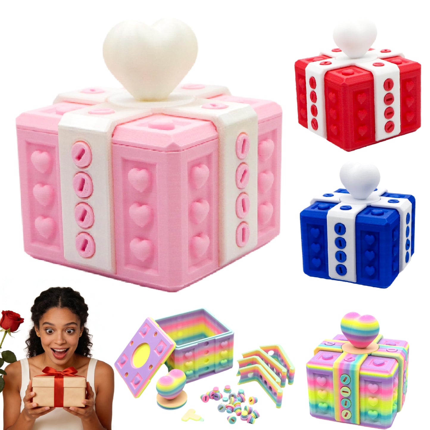 2-in-1 3D Printed Puzzle Gift Box Set - Interactive Mystery Box with Screw Challenge & Heart-Shaped Rose Case - Creative Money/Jewelry Holder for Valentine’s Day, Anniversary, Birthday Surprise