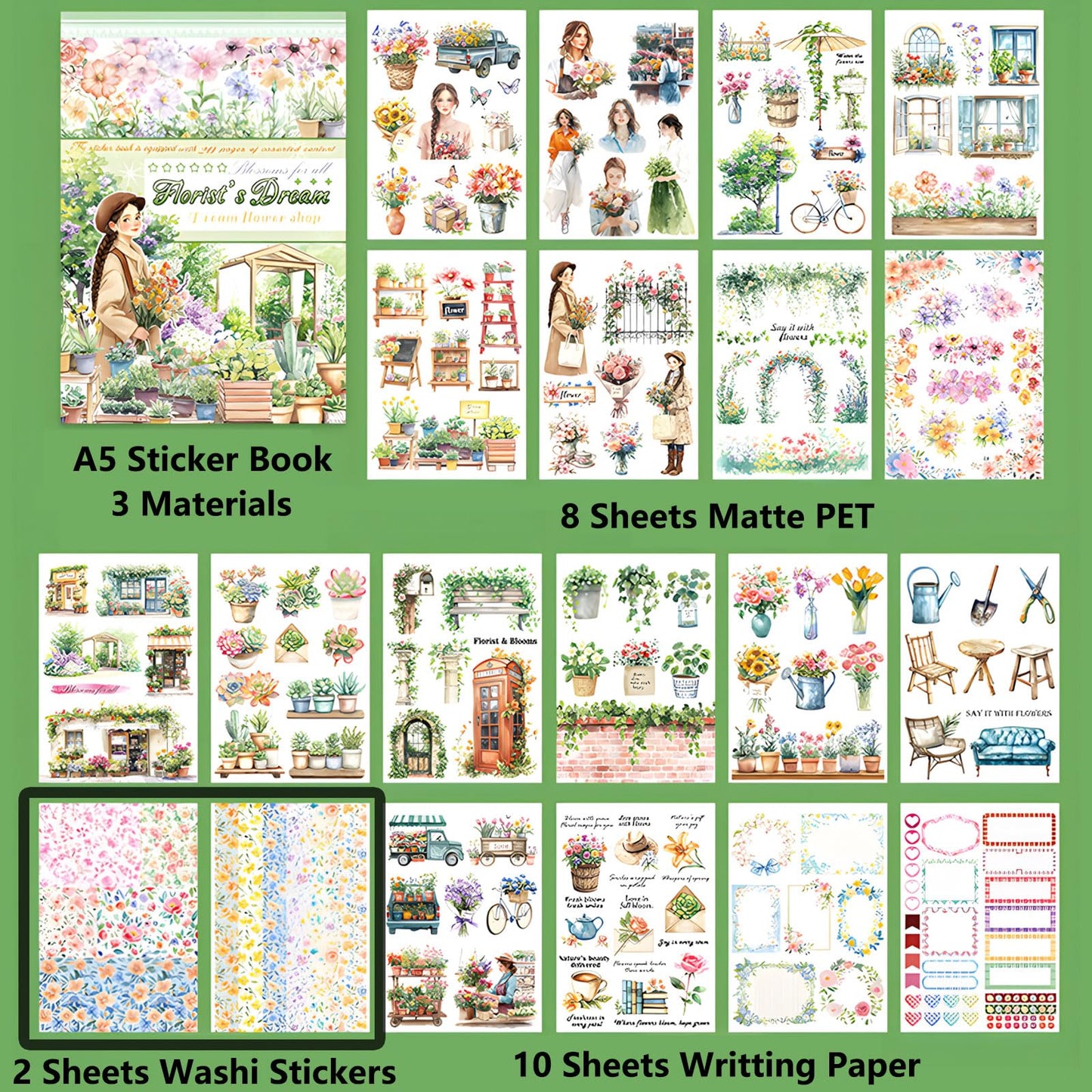 YagCu Flower Journaling Stickers, Floral Scrapbook Sticker, Florist Junk Journal Supplies, Pre-Cut Aesthetic Scrapbooking for Women, Spring Green Decorative Bullet Planner Arts