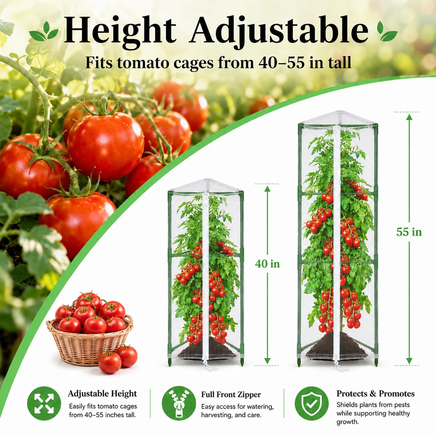 Halatool Garden Tomato Plant Cover Netting, Fits 40–55" Tall Square Tomato Cages, Garden Bird Netting with Zipper & Drawstring, Insect Barrier, Plant Covers from Insects Animals, 4 Pack, 45"×15.7"