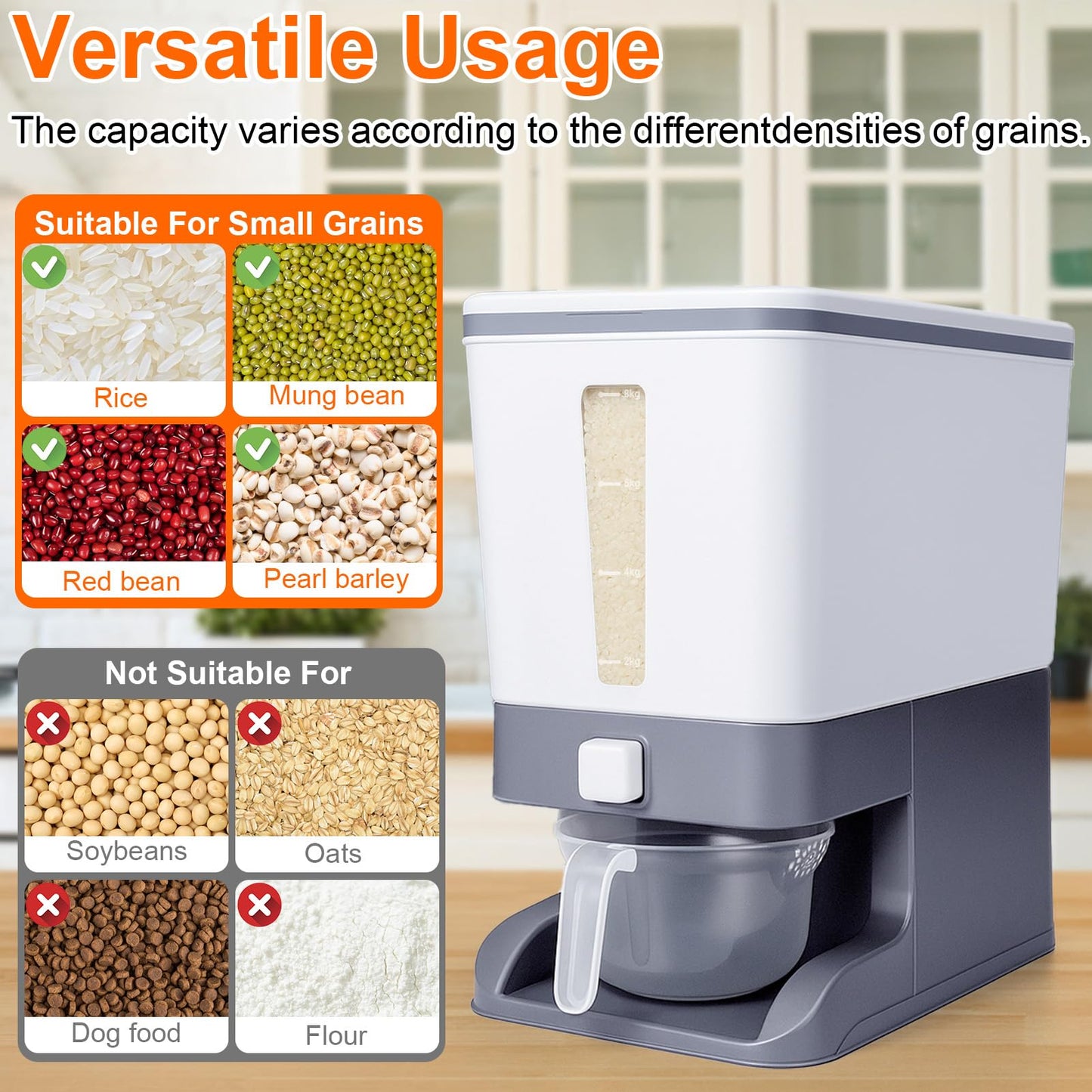 Mity rain Rice Dispenser 20 Lbs with Moisture Absorbing Clay, Rice Storage Container with Measuring Cup, 12 L Cereal Containers Storage Airtight for Kitchen Pantry Organization