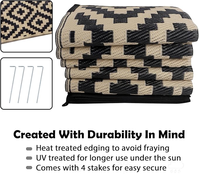 SAND MINE Waterproof Outdoor Rug 8x10 ft, Plastic Reversible Rug, Modern Area Rug, Large Floor Mat for Outdoors, RV, Patio, Backyard, Deck, Picnic, Beach, Camping, Black & Beige