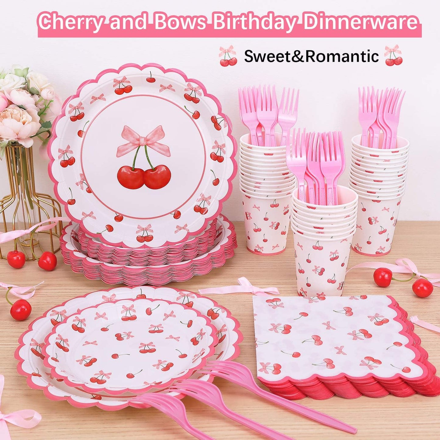 Cherry Birthday Decorations, 182Pcs Cherry Plates Napkins Cups Forks Tablecloth Banner Hanging Swirls Cupcake Toppers and Ballons for Cherries Themed Party Decorations