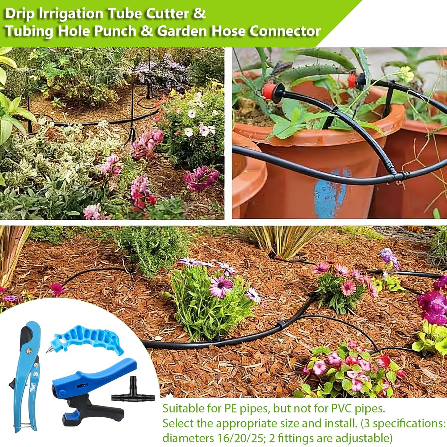 Foinco Drip Irrigation Hole Punch Tool, 2in1 Precision Sprinkler Hose Cutter, 3Pieces, Fits 16/20/25mm PE Pipe
