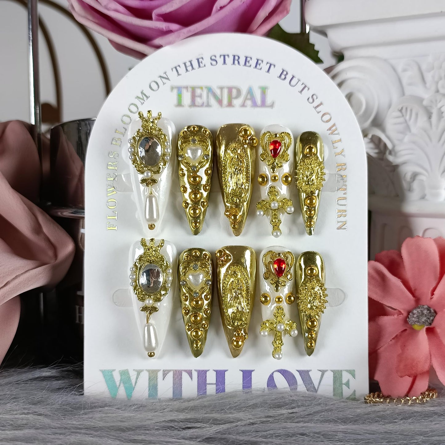 TENPAL 10Pcs Handmade Royal Press On Nails With Tools,Metallic Gold Long Stiletto Fake Nails with Pearl & Celestial Charms Designs,Sculpted 3D Baroque Acrylic Glue on Nails for Wedding Gothic Ball(L)