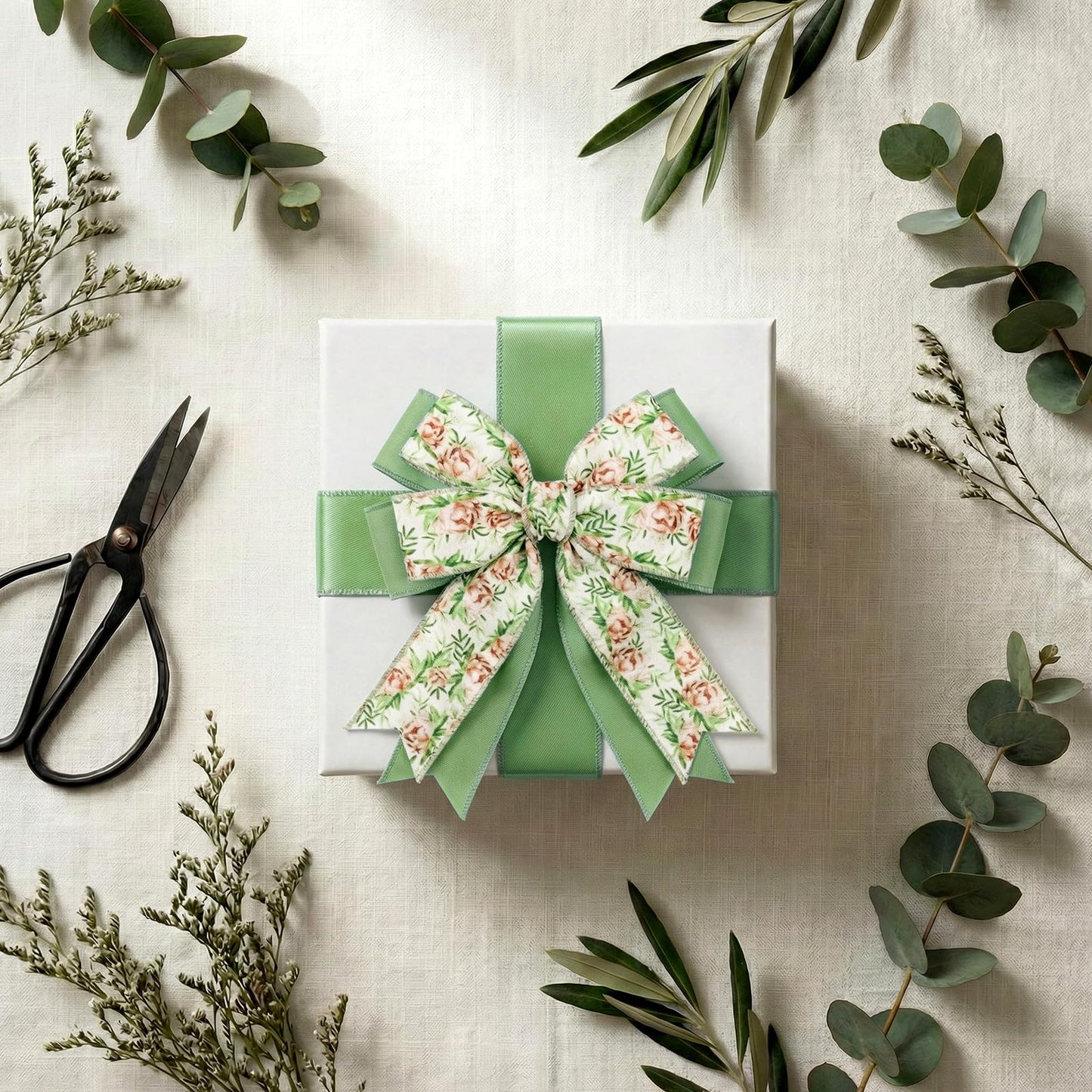 2 Roll 20 Yards Sage Green Floral Wired Edge Ribbon Watercolor Greenery Floral Fabric Ribbon for Spring Summer Wreath Bow Making DIY Crafts Wrapping Party.
