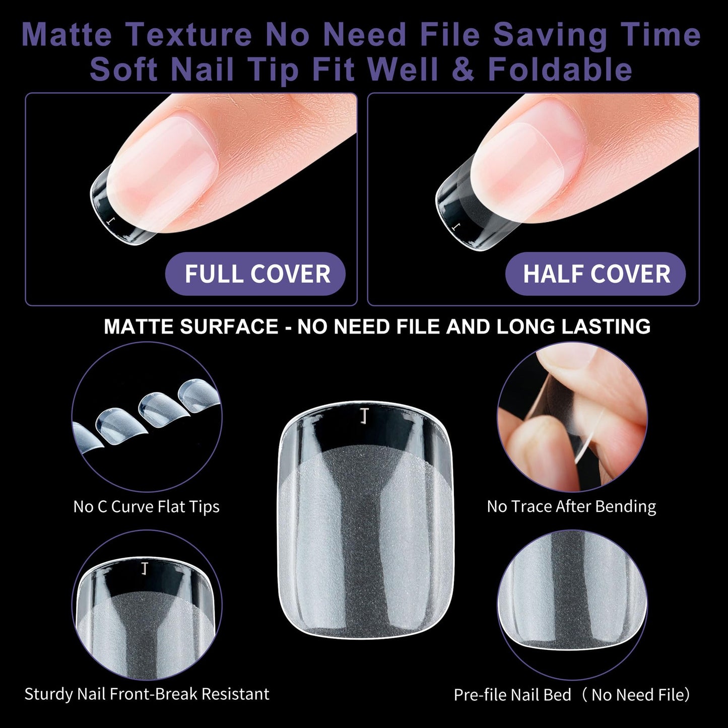 Half Matte Short Square Fake Nail Tips, Soft Gel Pre-Shaped Nail Tips, Full Cover False Nails with Clear Box for Nail Salons and DIY Nail Art, 600PCS/12 Sizes