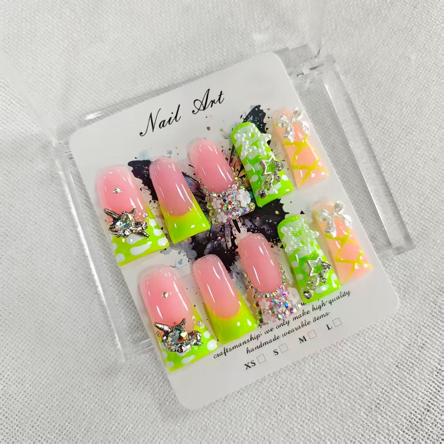 Luxury Press on Nails Long Duck Handmade Fake Nails Green French 3D Bow False Nails with Rhinestones Charms Designs Reusable Artificial Sparkly Acrylic Nails Press ons for Women 10Pcs (Size M)