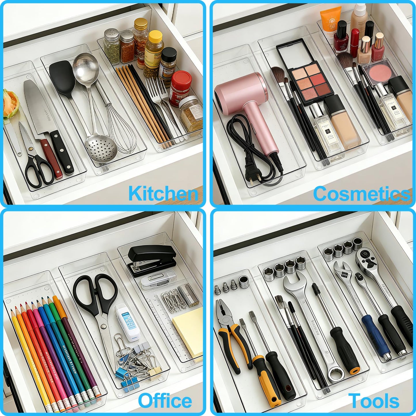 14 Pcs Clear Plastic Drawer Organizer Tray with 2 Pcs 15"x6" Extra Large Trays, Multi-Purpose Storage Bins for Vanity, Makeup, Kitchen Utensils, Bathroom, Office Desk, Auto Tools & Craft Supplies