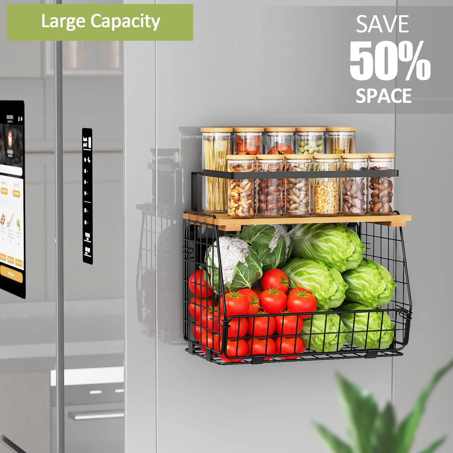 GGIU Magnetic Shelf for Fridge with Lid: 2 Pack Fruit Potato and Onion Storage Bin - Magnetic Spice Rack for Refrigerator & Kitchen Counter - Pantry Organizers and Storage