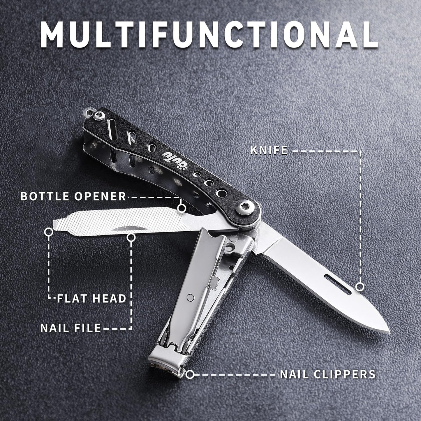 OUTU Nail Clippers Multitool,Nail File,Bottle Opener,Utility Tool with Gift Box(Black)
