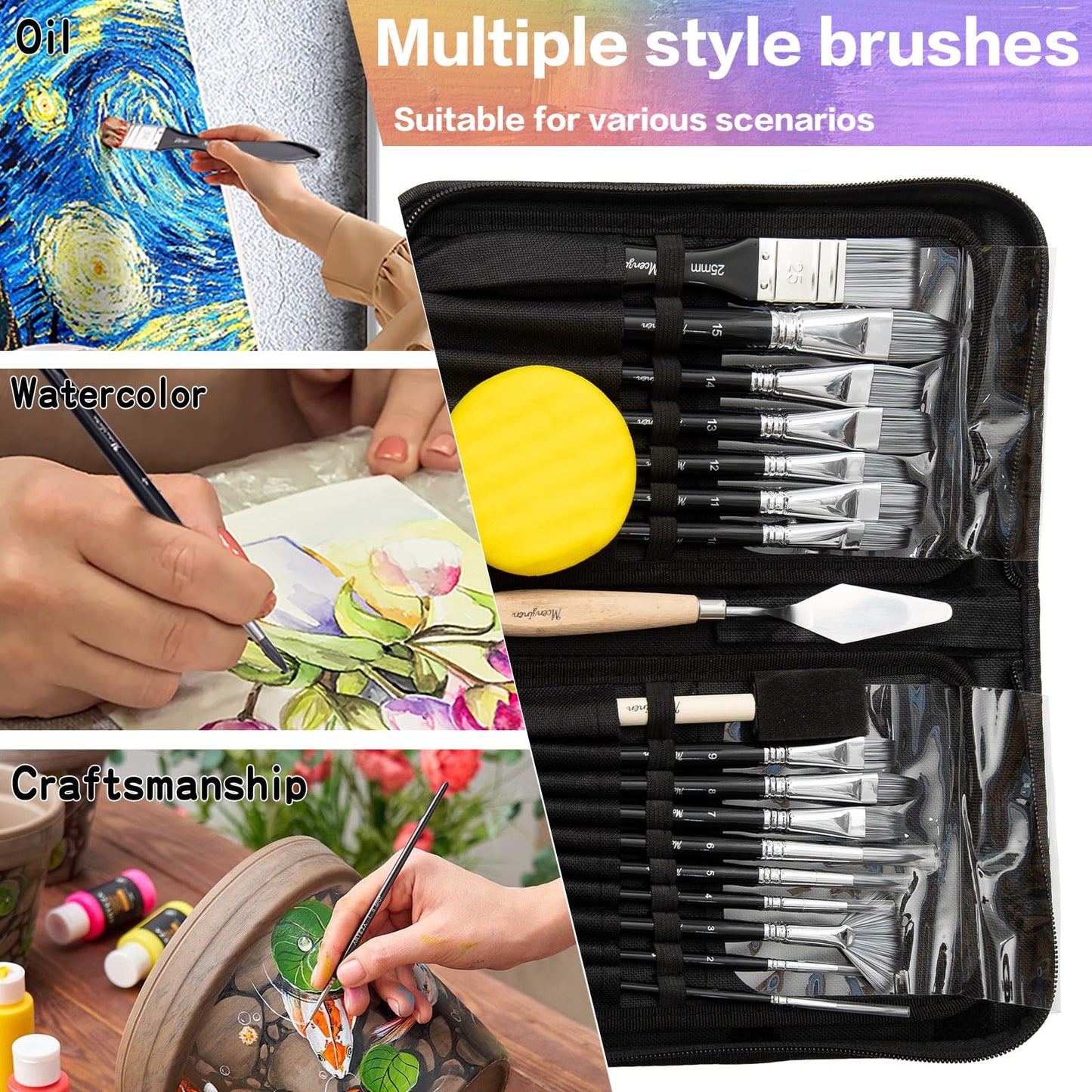 Mcenzinen 20 Pcs Paint Brushes, Professional Acrylic Paint Brush Set Artists Complete Range of Sizes with Palette Knife & Canvas Bag for Acrylic, Oil, Watercolor, Gouache