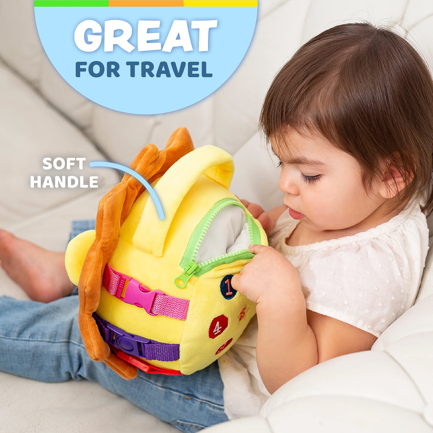 Buckle Toys - Benny Lion - Toddler Plush Activity Toy Stuffed Animal - Great for Homeschool or Preschool - Fine Motor Skill and Cognitive Skill Development - Zipper Storage for Small Items