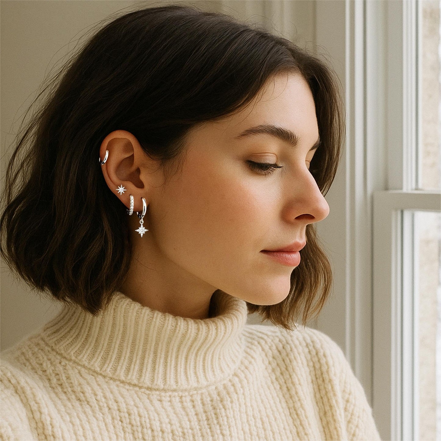 Silver Star Earrings for Women, Silver Star Dangle & Stud Earrings Stack Multiple Piercing Cartilage Hoop Lightweight Hypoallergenic Women Earrings for Sensitive Ears