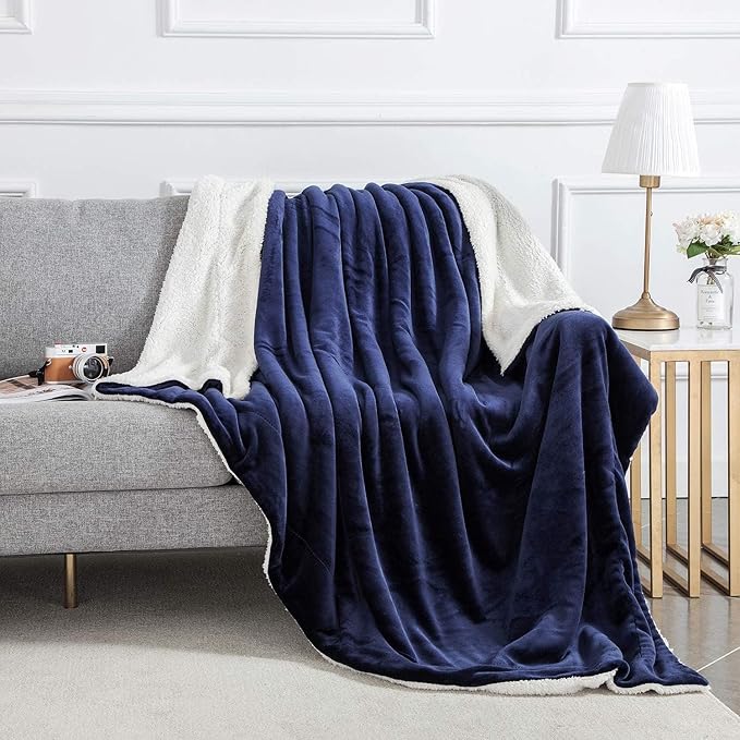 IR Imperial Rooms Navy Sherpa Fleece Throw Blanket for Bed - Wholesale Bulk Pack of 16 Sherpa Blankets - Soft Fluffy Throw Blankets for Hotels, Guest Bedroom, 50x60 Inches