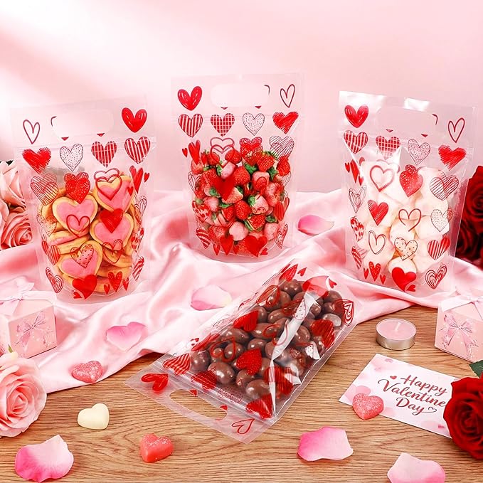 Blosssound 50 Pcs Valentine's Day Gift Bags Red Valentines Zipper Plastic Bags Reusable Red Heart Pouch with Handles Galentines Day Pouch for Classroom Wedding Birthday Party Favor