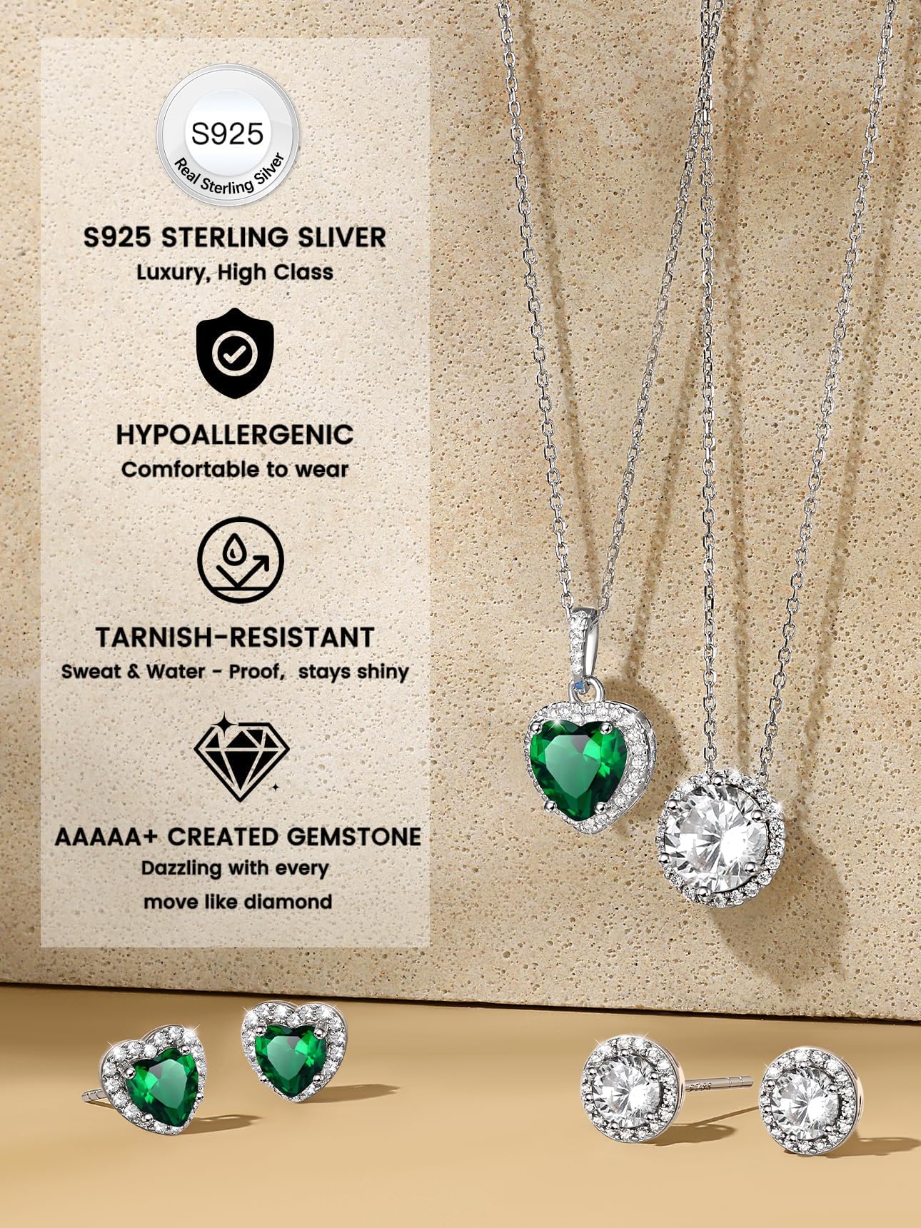 Bestyle Heart May Emerald Birthstone Earrings Green Studs Embellished with White Crystals Sparkling Ear Jewelry for Birthday/Christmas/Party/Anniversary/Wedding