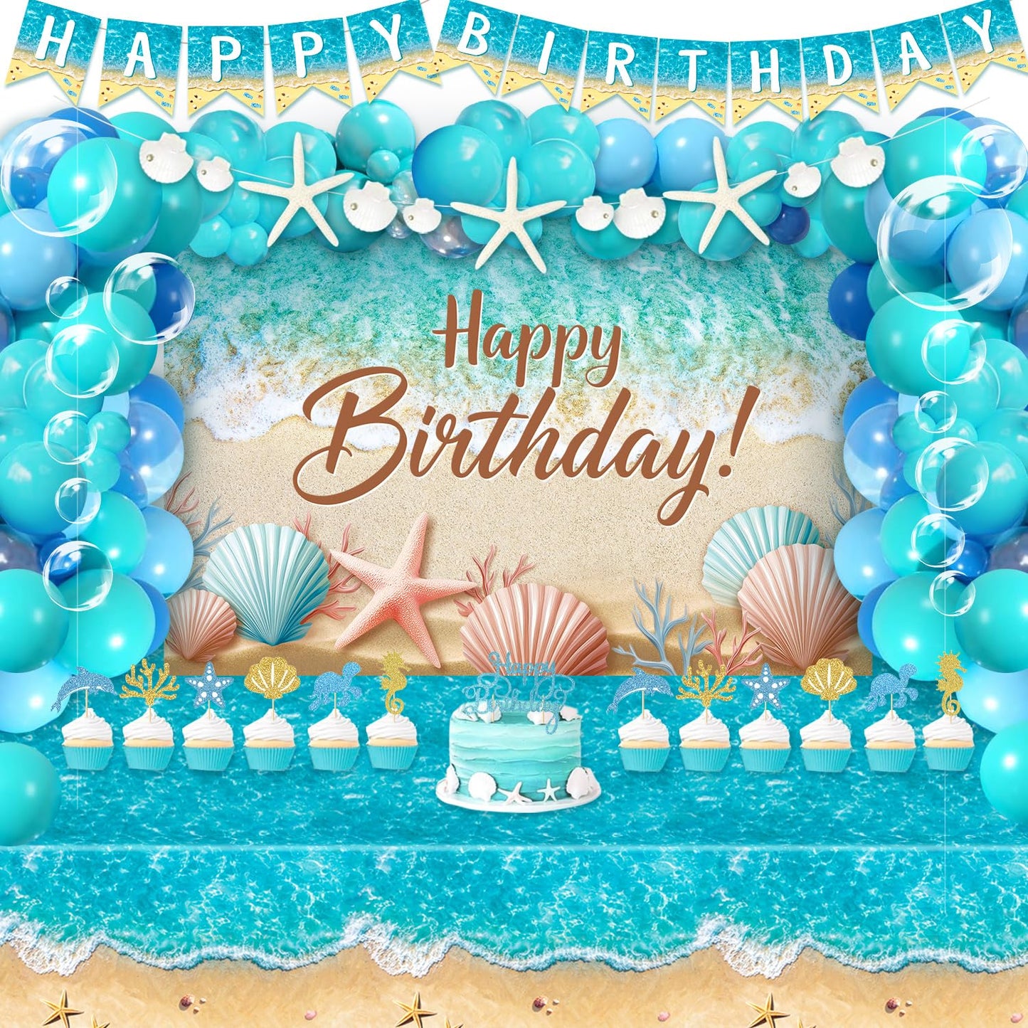 Beach Birthday Party Decorations, Ocean Waves Birthday Supplies - Under the Sea Balloons, Ocean Backdrop, Beach Tablecloth, Bubble Garland, Seashell Banner, Sea Creatures Cake Toppers