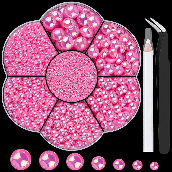 Nail Art Flat Back Half Round Pearl Kits 34, 1 Box of 6000 Pcs Flat-Back Peach AB Pearl with Tweezer and Picker Pencil for Home DIY Nails Body Face Craft and Salon Use