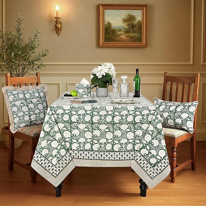 Ridhi Hand Block Print Turquoise Moss Green Rectangle Cotton Tablecloth 120" x 80" Reusable Table Cover Decorative Everyday Use for Dining, Farmhouse, Home Gift for Spring, Easter, Valentine