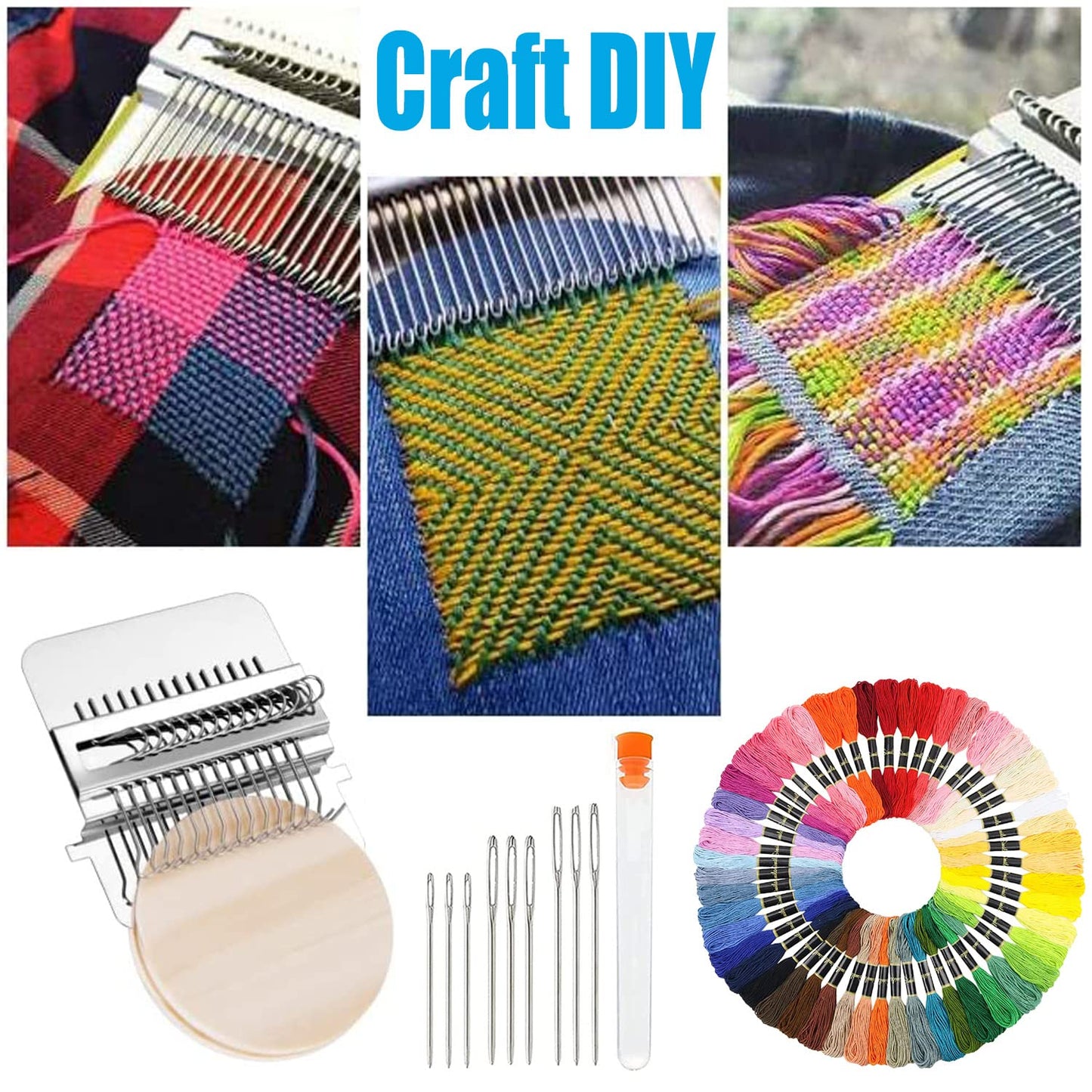 Allazone Darning Mini Loom Machine Small Weaving Loom Machine with 50 Color Darning Threads for DIY Artful Patterns, Repair Clothes, Craft DIY (21 Hooks)