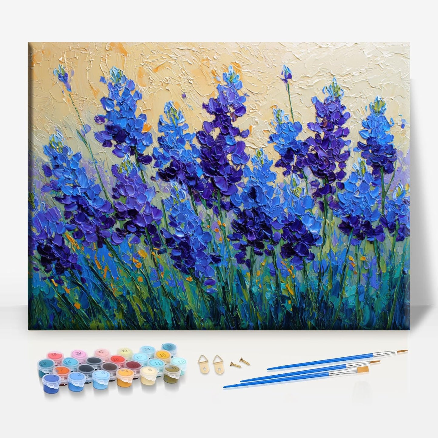 Aeontinity Texas Bluebonnet Plant Framed Canvas DIY Paint by Numbers Kit Bar Cafe Cave Home Room Wall Bathroom Porch Patio Decor Gift, 16 x 12 Inch