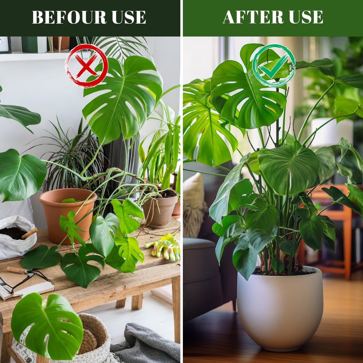 BrightRow 12 Pcs Stackable Plant Support Stakes with 1 Roll 2 M Stickers, 1 Roll 20 Cable Ties, 10 Clips, Stackable Plant Support Stakes for Indoor Outdoor Plants Potted Monstera Climbing Plants